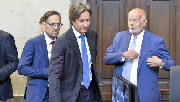 Karl-Heinz Grasser und seine beiden Anwälte Norbert Wess (links) und Manfred Ainedter (rechts) (Bild: APA/HERBERT NEUBAUER)
