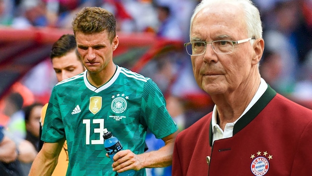 Franz Beckenbauer (re.) macht sich für ein Comeback von Thomas Müller (li.) stark. (Bild: AFP, krone.at-Grafik)