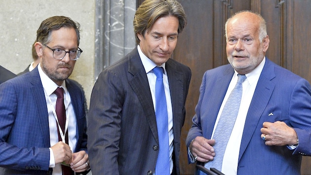 Karl-Heinz Grasser und seine Anwälte Norbert Wess (li.) und Manfred Ainedter (re.) (Bild: APA/Herbert Neubauer)