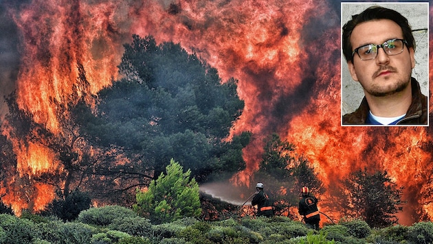 Konstantin Tzivanopoulos, Mitarbeiter der Uni Graz, kämpfte gegen die Feuersbrunst. (Bild: AFP, Ricardo Heintz)