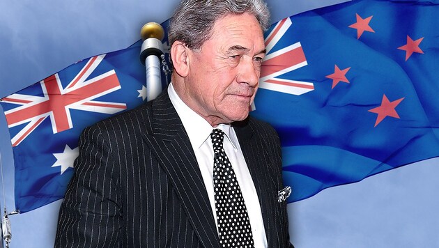 Der Vertretungs-Premier Neuseelands, Winston Peters, versteht bei Flaggen keinen Spaß. (Bild: AFP, stock.adobe.com, krone.at-Grafik)
