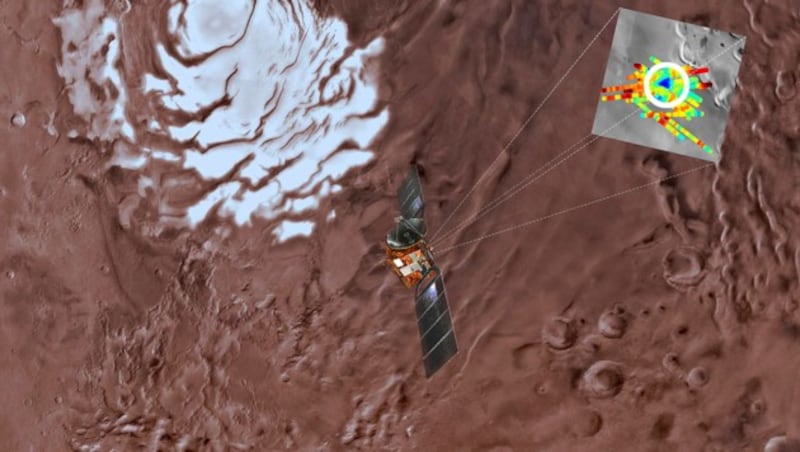 Die blau gefärbte Stelle (weiß markiert), zeigt, wo der große und die kleinen Seen unter der Marsoberfläche liegen. (Bild: ESA/INAF)