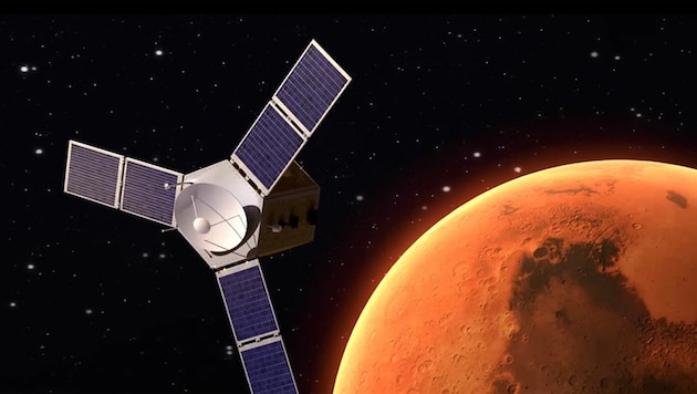 Künstlerische Illustration: Die Raumsonde „Hope“ im Orbit um den Mars (Bild: YouTube.com)