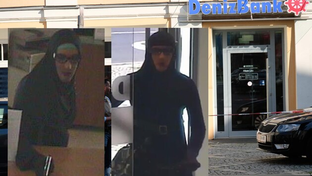 Zwei Überfälle auf Deniz-Filialen: links der Räuber beim Coup am 13. Juli in Wien, rechts am 25. Juli in Linz. Die Ähnlichkeit ist frappant. (Bild: Horst Einöder)