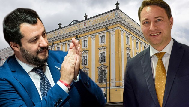 Die FPÖ Oberösterreich rund um LH-Vize Manfred Haimbuchner (r.) lädt den umstrittenen italienischen Innenminister Matteo Salvini (l.) zum Urlauben nach Wels ein.
 (Bild: Wenzel, picturedesk.com)