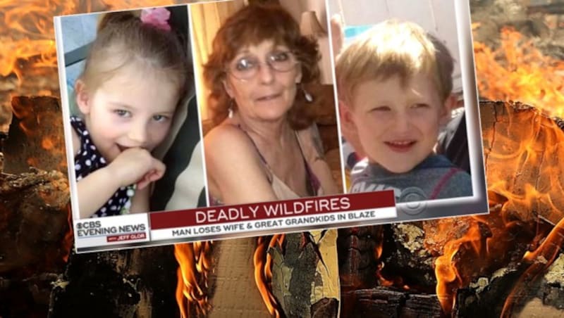 Die kleine Emily (4), ihre Uroma Melody (70) und Bruder James (5) kamen in den Flammen ums Leben. (Bild: APA/AFP/GETTY IMAGES/JUSTIN SULLIVAN, cbs.com, www.gofundme.com/Ed Bledsoe, krone.at-Grafik)