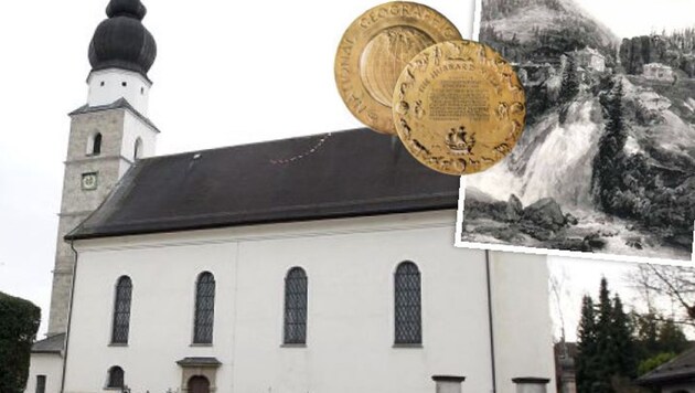 Kunstdiebstähle in Kirchen. Gestohlene Hubbard-Medaille und Gemälde vom Gasteiner Wasserfall (Bild: Markus Tschepp/BKA)