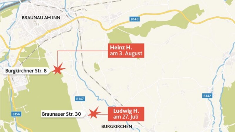 Nur rund 4 Kilometer entfernt liegen die Unfallstellen, an denen die Brüder Heinz und Ludwig H. binnen 7 Tagen tödlich mit ihren Motorrädern verunglückten. (Bild: Krone Grafik Maps 4 News HERE)