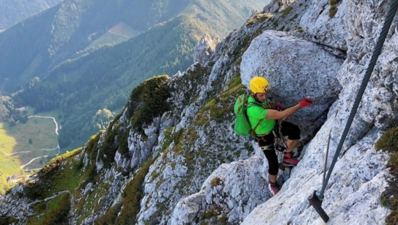 Leo mitten im Lärchenturm-Klettersteig. (Bild: Wallner Hannes/Kronenzeitung)