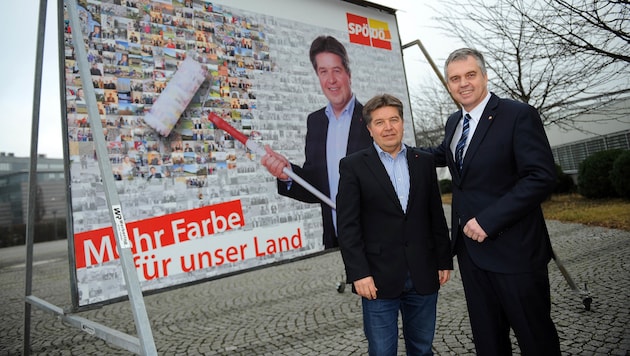 Christian Horner (re.) im Jänner 2014 mit dem damaligen SPÖ-Landesparteichef Reinhold Entholzer. Im März jenes Jahre wechselte Horner ins Kabinett des damaligen Kanzlers Faymann. (Bild: Markus Wenzel)