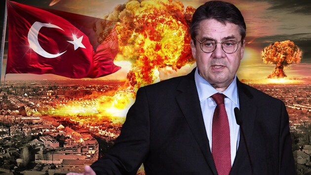 Sigmar Gabriel warnt Berlin und die EU: Eine isolierte Türkei könnte nach der Atombombe greifen. (Bild: stock.adobe.com, AFP, krone.at-Grafik)