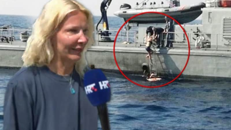 Nach zehn Stunden in der Adria kletterte die Britin aus eigener Kraft die Leiter des Schiffs der Küstenwache hoch. (Bild: HRT TV, krone.at-Grafik)