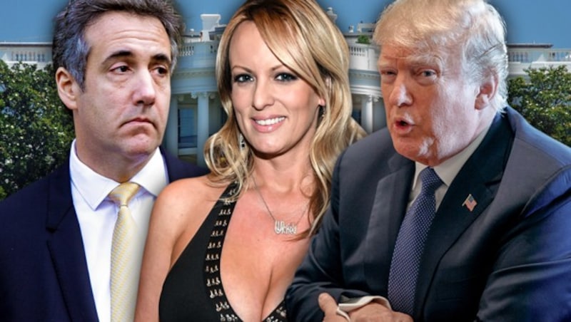 Michael Cohen, Stormy Daniels und Donald Trump (Bild: APA/AFP/Getty Images, AP, AFP, stock.adobe.com, krone.at-Grafik)