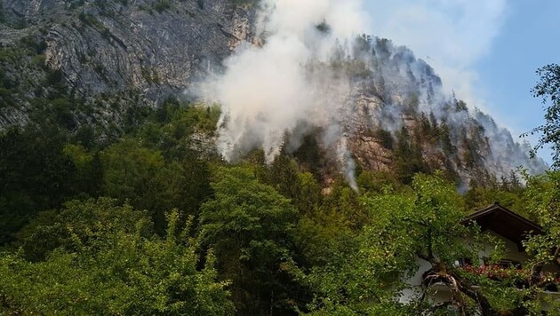 Das Feuer lodert direkt oberhalb einer Siedlung, ständig stürzen Felsen und brennende Stämme ab (Bild: FF Obertraun)