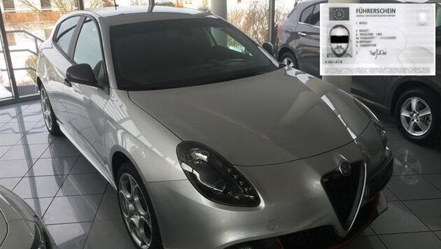 Dieser Alfa Romeo Giulietta wurde in Perg veruntreut, der Verdächtige (s. Führerschein) ist untergetaucht (Bild: Autohaus Ambros)
