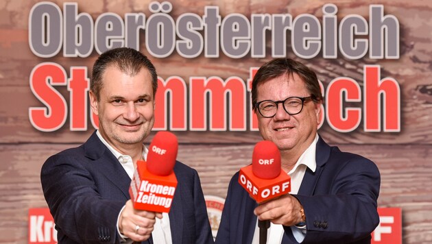 „OÖ-Krone“-Chefredakteur Harald Kalcher (li.) und ORF OÖ-Programmchef Michael Trnka laden ein (Bild: Markus Wenzel)