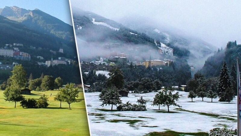 Grad war noch Sommer, am Sonntag zeichnete die Gastein-Wettercam den ersten Schnee bis ins Tal auf. (Bild: gasteinertal.com, krone.at-Grafik)