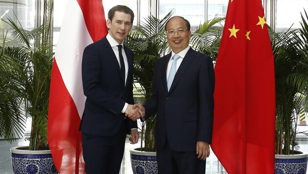 Bundeskanzler Sebastian Kurz und Chairman Yi Huiman bei einem Besuch der ICBC (Industrial and Commercial Bank of China) in Peking im April 2018 (Bild: BUNDESKANZLERAMT/DRAGAN TATIC)