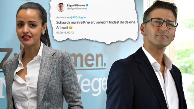 Wegen eines sexistischen Tweets von Efgani Dönmez, gerichtet gegen die SPD-Politikerin Sawsan Chebli (links), wurde der Nationalratsabgeordnete aus dem ÖVP-Parlamentsklub geworfen. (Bild: AFP, twitter.com, APA/HERBERT PFARRHOFER, krone.at-Grafik)