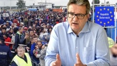 Peter Hacker hat es „immer für einen Fehler gehalten“, Flüchtlinge unkontrolliert ins Land zu lassen. (Bild: APA/HERBERT PFARRHOFER, APA/HERBERT P. OCZERET, krone.at-Grafik)