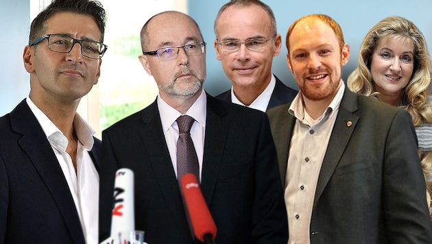 Von links: Efgani Dönmez, Christoph Vavrik, Marcus Franz, Dominik Schrott, Susanne Winter (Bild: APA/GEORG HOCHMUTH, Cristof Birbaumer, APA/HELMUT FOHRINGER, APA/HERBERT PFARRHOFER, krone.at-Grafik)