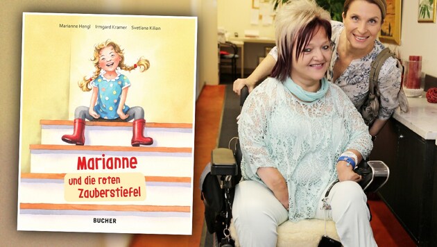 Links: Das neue Kinderbuch „Marianne und die roten Zauberstiefel“. Rechts: RollOn-Obfrau Marianne Hengl mit Barbara Stöckl (Bild: Klemens Groh, BUCHER Verlag, krone.at-Grafik)