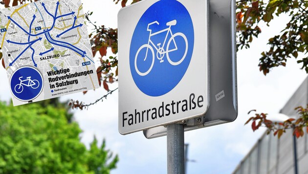 Fahrrad-Autobahnen für Salzburg geplant (Bild: APApicturedesk.com/Barbara Gindl; Krone-Grafk)