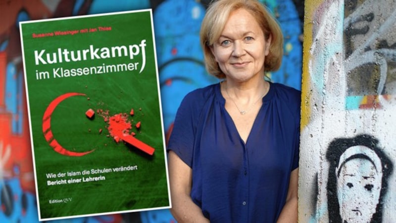 Susanne Wiesinger ist Lehrerin an einer „Brennpunktschule“ in Österreichs größtem Schulbezirk und auch Buchautorin. (Bild: Gerhard Bartel, Edition QVV, krone.at-Grafik)