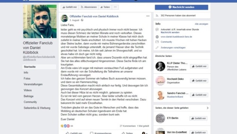 Ein Screenshot zeigt Küblböcks Mobbing-Posting auf seiner offiziellen Fanclub-Seite auf Facebook. (Bild: Facebook.com)