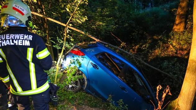 Auto stürzte in Thalheim bei Wels in Bach. (Bild: laumat.at/Matthias Lauber)