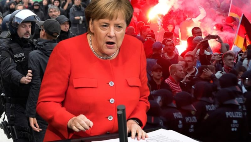 Die deutsche Kanzlerin Angela Merkel (CDU) zeigte Verständnis für empörte Bürger, die nach der tödlichen Messerattacke auf einen 35-jährigen in Chemnitz protestiert hatten. (Bild: AP, AFP, krone.at-Grafik)