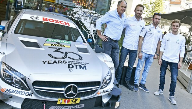 DTM-Chef Gerhard Berger mit den Fahrern Rene Rast, Philipp Eng und Lucas Auer (Bild: APA/HANS PUNZ)