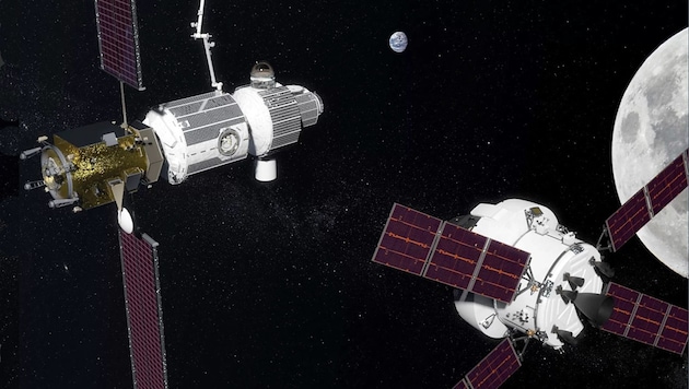 Das „Lunar Orbital Platform-Gateway“ (links) und eine „Orion“-Kapsel im Anflug (Bild: NASA)
