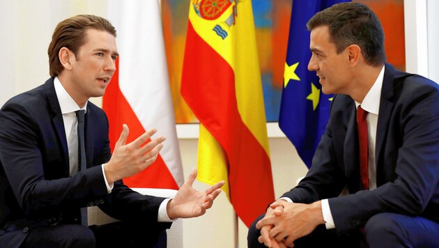 Sebastian Kurz mit dem spanischen Regierungschef Pedro Sanchez (Bild: EPA)