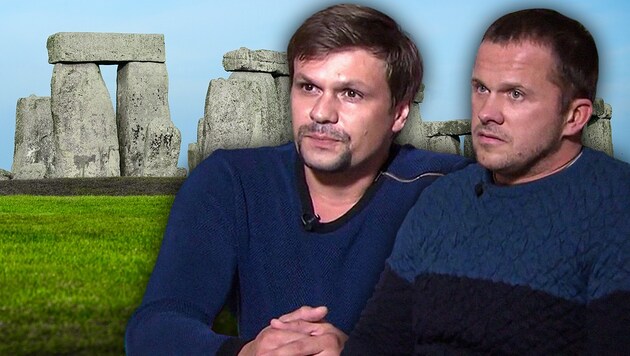 Die beiden Verdächtigen behaupten, als Touristen in Großbritannien gewesen zu sein. Sie hätten sich Stonehenge anschauen wollen. (Bild: AFP, krone.at-Grafik)