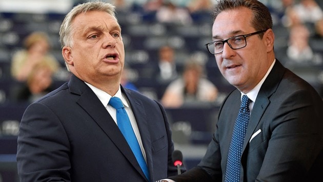 Vizekanzler Heinz-Christian Strache zweifelt genauso wie Ungarns Ministerpräsident Viktor Orban an der Rechtmäßigkeit des EU-Parlamentsbeschlusses. (Bild: APA/AFP/FREDERICK FLORIN, APA/HANS KLAUS TECHT, krone.at-Grafik)