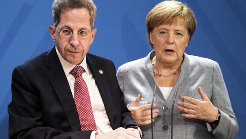 Deutschlands Ex-Verfassungsschutzpräsident Hans-Georg Maaßen kritisiert Kanzlerin Angela Merkel (CDU) (Bild: APA/dpa/Soeren Stache, APA/AFP/Odd ANDERSEN, krone.at-Grafik)