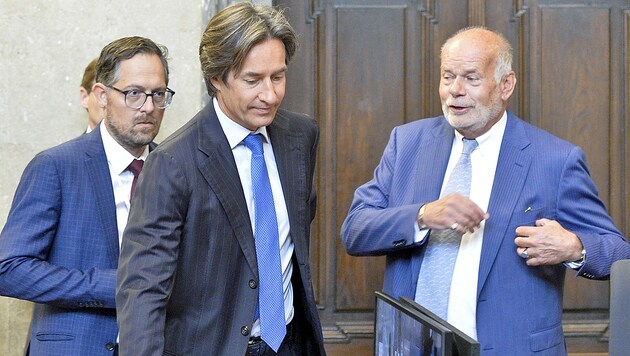 Ex-Finanzminister Karl-Heinz Grasser mit seinen Anwälten Norbert Wess (links) und Manfred Ainedter (Bild: APA/HERBERT NEUBAUER)