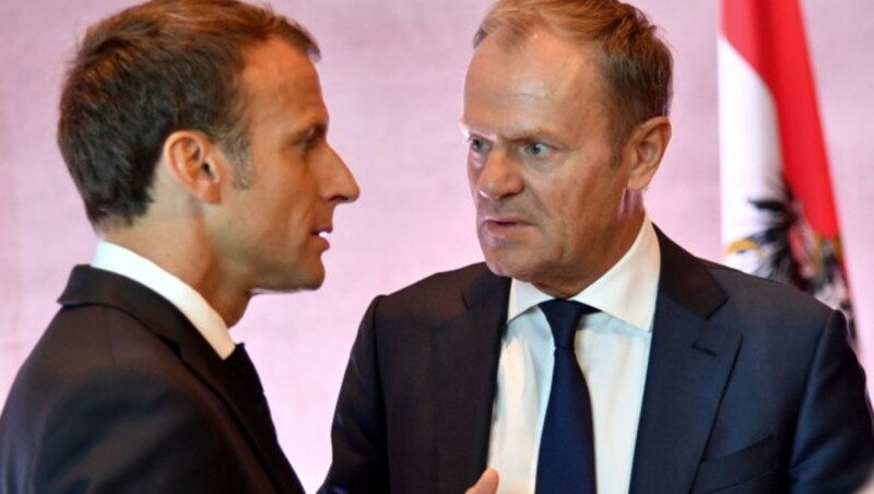 Framkreis Präsident Emmanuel Macron und EU-Ratspräsident Donald Tusk (Bild: APA/BARBARA GINDL)