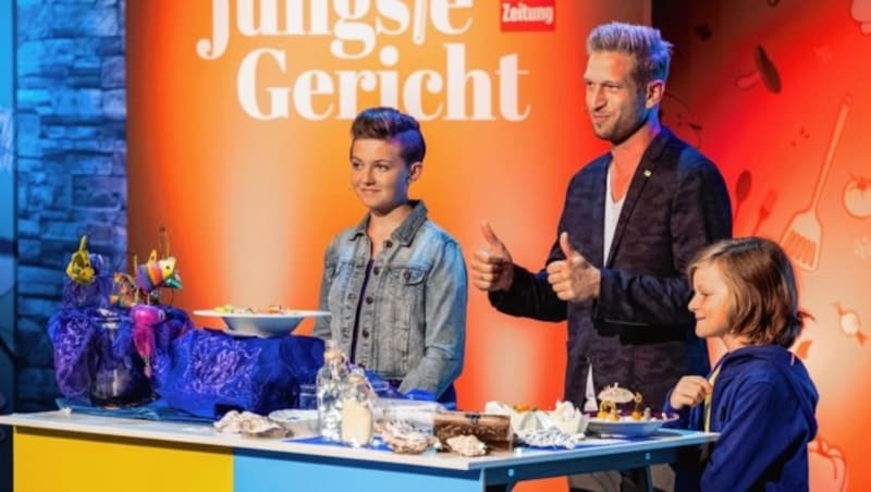 Die „Das jüngste Gericht“-Juroren: Schauspiel-Wunderkind Jeremy Miliker, Malena, deren Eltern eine Catering-Firma haben, und Haubenkoch Didi Maier (Bild: PULS 4)