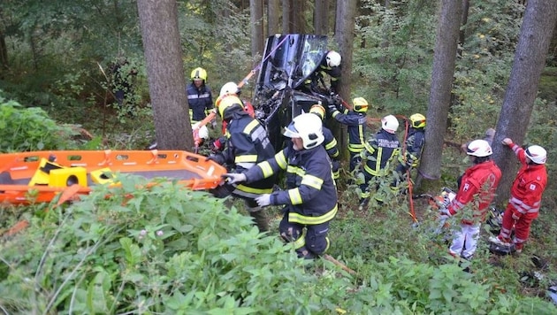 Beim Sekundenschlaf-Unfall in Zwettl/R. überlebte die Lenkerin (52) den Anprall an mehrere Bäume, rief noch selbst per Handy Hilfe. (Bild: FF Zwettl an der Rodl/Enzenhofer)