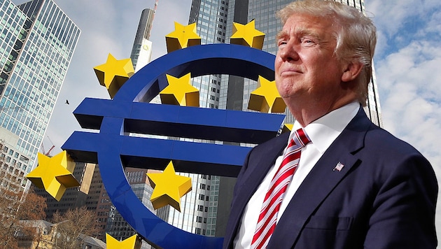 Während US-Präsident Donald Trump an den Erfolg seiner Zollpolitik glaubt, hat eine Simulation der EZB ergeben, dass die USA in einem Handelskrieg der größte Verlierer wären. (Bild: APA/AFP/Daniel ROLAND, AP, krone.at-Grafik)