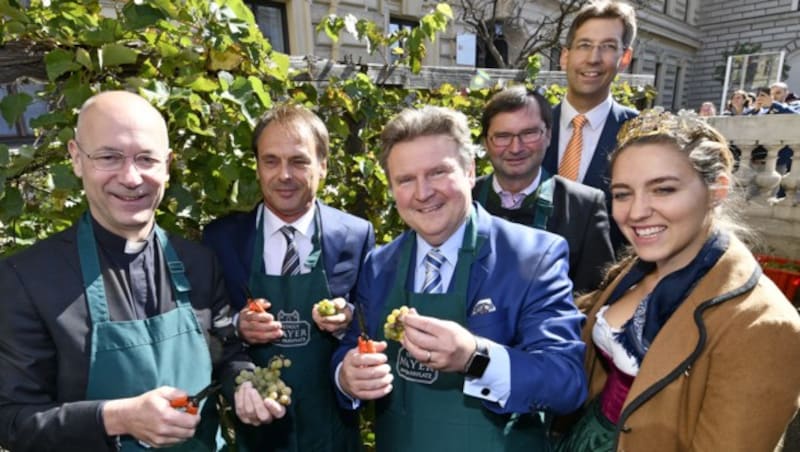 Dompfarrer Anton Faber, Freddy Schmid (Weingut Mayer), Bürgermeister Michael Ludwig, Landwirtschaftskammer-Vizepräsident Norbert Walter, Bezirksvorsteher Innere Stadt Markus Figl und Weinkönigin Elisabeth III (v.l.n.r.) (Bild: APA/HANS PUNZ)