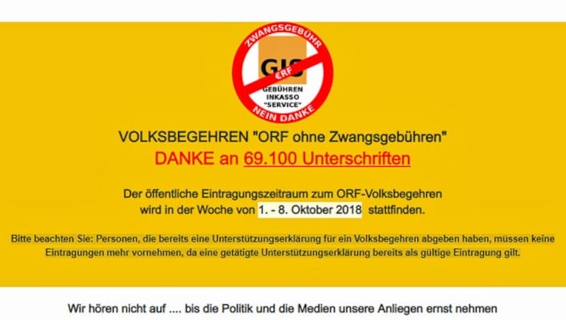 Die CPÖ ruft auf ihrer Homepage zum Volksbegehren gegen die ORF-Gebühren auf. (Bild: Screenshot/CPÖ)