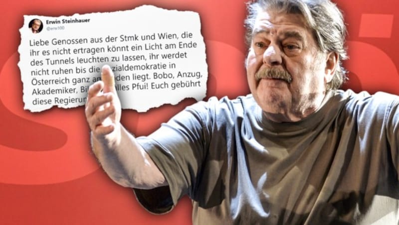 „Ihr werdet nicht ruhen, bis die Sozialdemokratie in Österreich ganz am Boden liegt“, kritisiert Schauspieler Erwin Steinhauer Teile der SPÖ-Basis. (Bild: APA/Helmut Fohringer, APA/HERBERT PFARRHOFER, krone.at-Grafik)