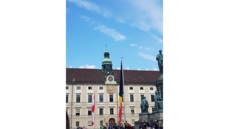 Schaulustige warten vor der Wiener Hofburg auf das belgische Königspaar Philippe und Mathilde. (Bild: krone.tv)