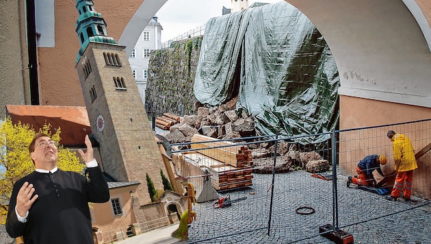 Die historische Kirchenmauer in Salzburg-Mülln stürzte ein. Pfarrer Franz Lauterbacher: „Es war wie ein Erdbeben!“ (Bild: Markus Tschepp/FMT PICTURES)