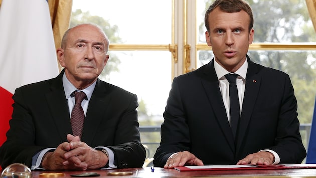 Gerard Collomb (li.) und Emmanuel Macron (Bild: AP)