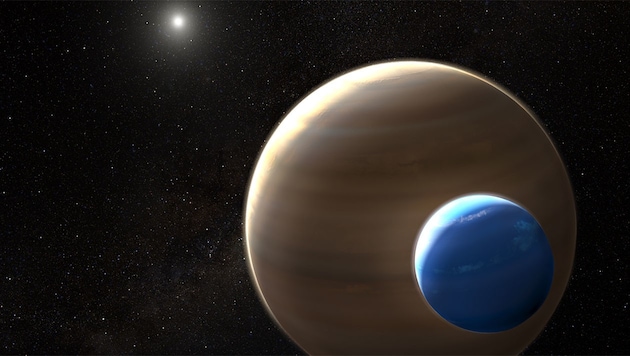 Künstlerische Darstellung: Der Exomond (blau) im Orbit um einen Gasplaneten, links oben der Stern Kepler-1625 (Bild: NASA/ESA/L. Hustak)