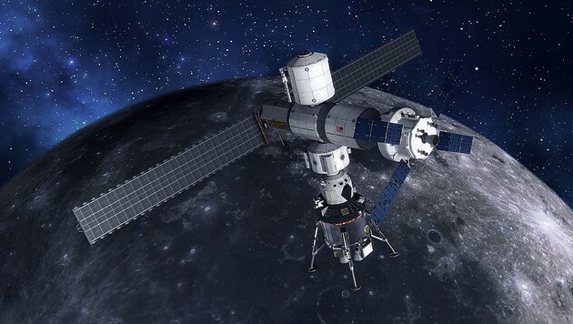Künstlerische Illustration des „Lunar Orbital Platform-Gateway“ (Bild: © Lockheed Martin Corporation)